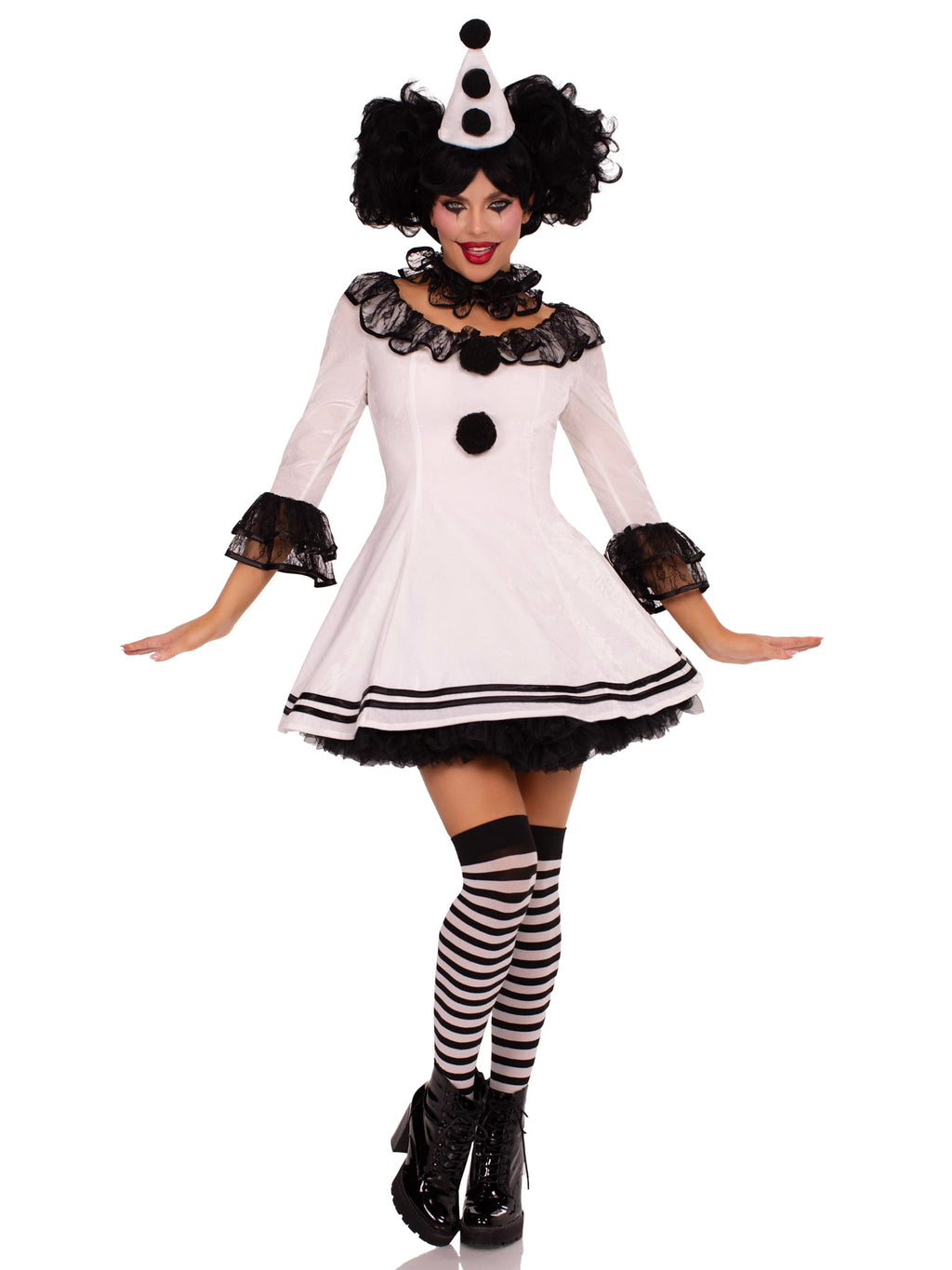 3 PC Pierrot Clown Costume, Includes Lace Trimmed Velvet Dress with Pom-Pom Accents, Ruffle Neck Piece, and Hat