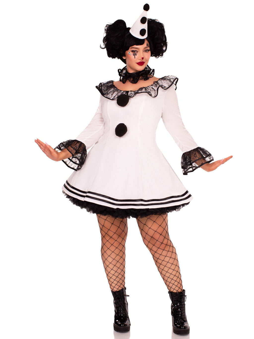 Plus Size 3 PC Pierrot Clown Costume, Includes Lace Trimmed Velvet Dress with Pom-Pom Accents, Ruffle Neck Piece, and Hat