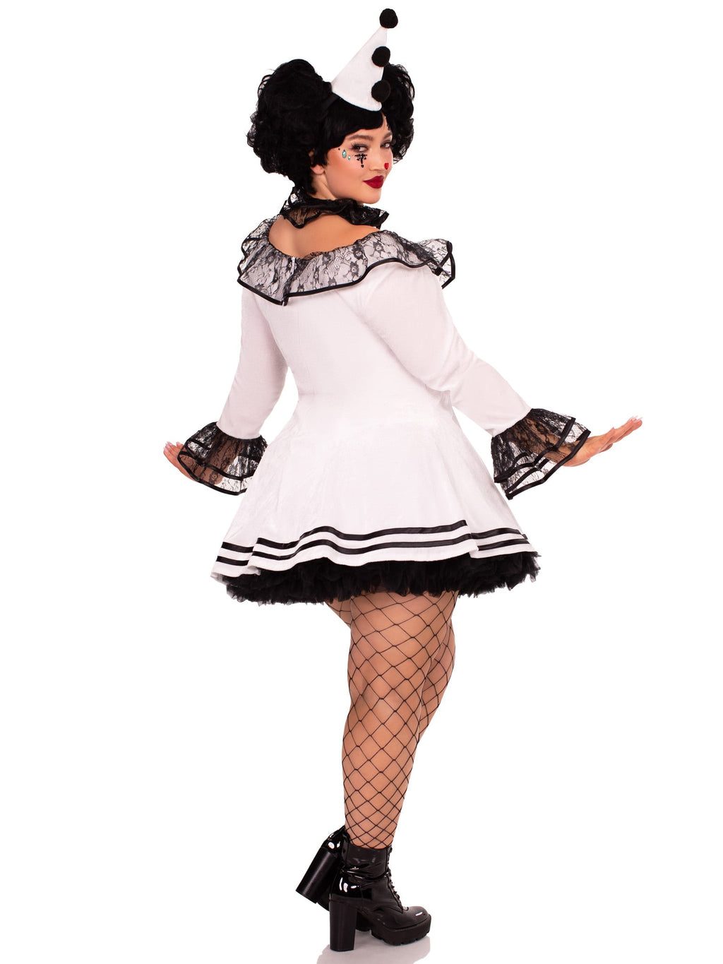 Plus Size 3 PC Pierrot Clown Costume, Includes Lace Trimmed Velvet Dress with Pom-Pom Accents, Ruffle Neck Piece, and Hat