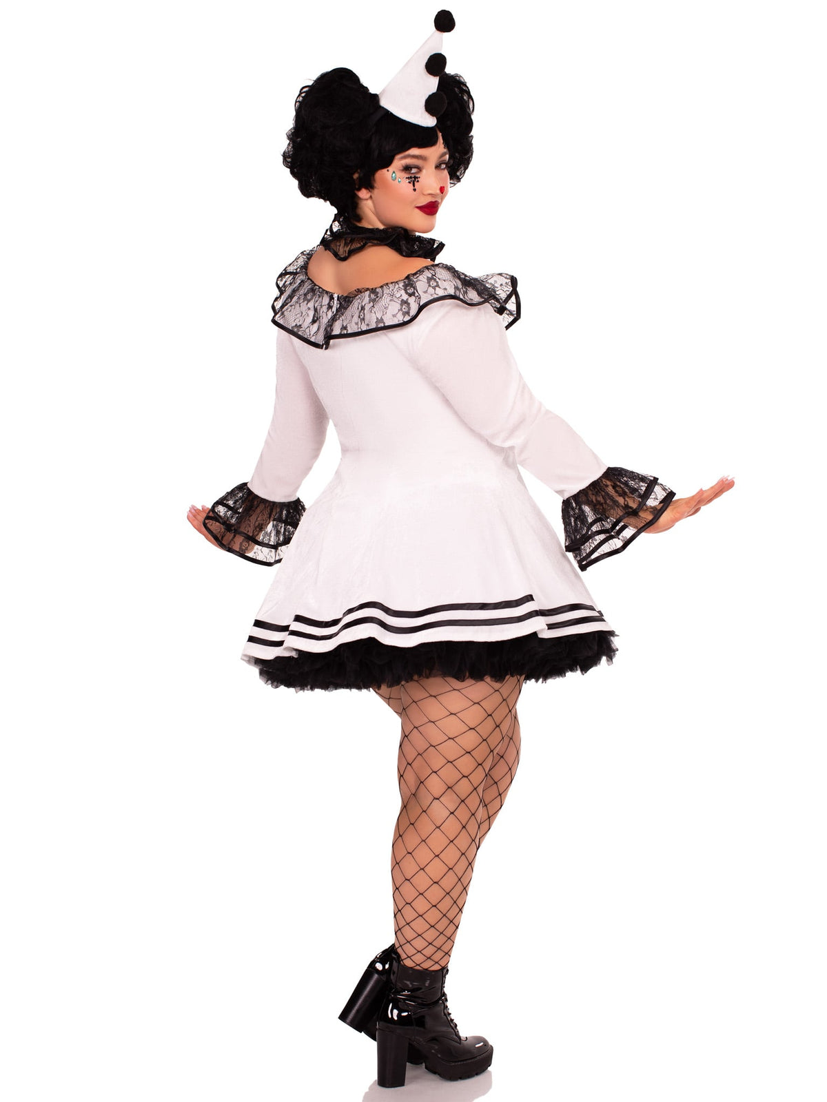 Plus Size 3 PC Pierrot Clown Costume, Includes Lace Trimmed Velvet Dress with Pom-Pom Accents, Ruffle Neck Piece, and Hat