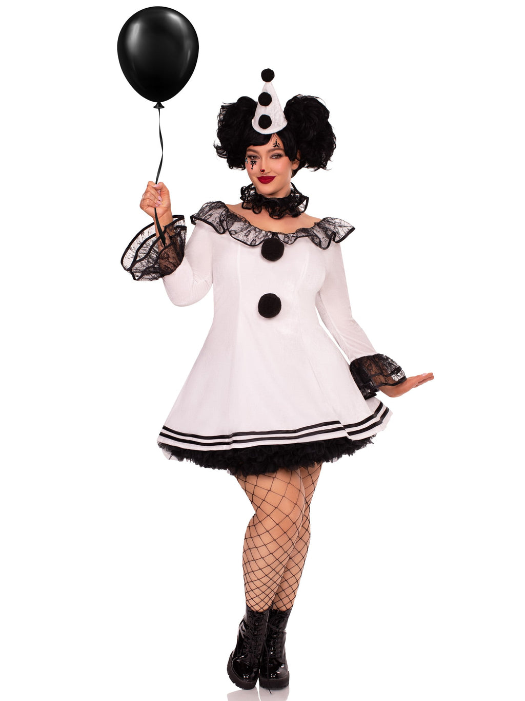 Plus Size 3 PC Pierrot Clown Costume, Includes Lace Trimmed Velvet Dress with Pom-Pom Accents, Ruffle Neck Piece, and Hat