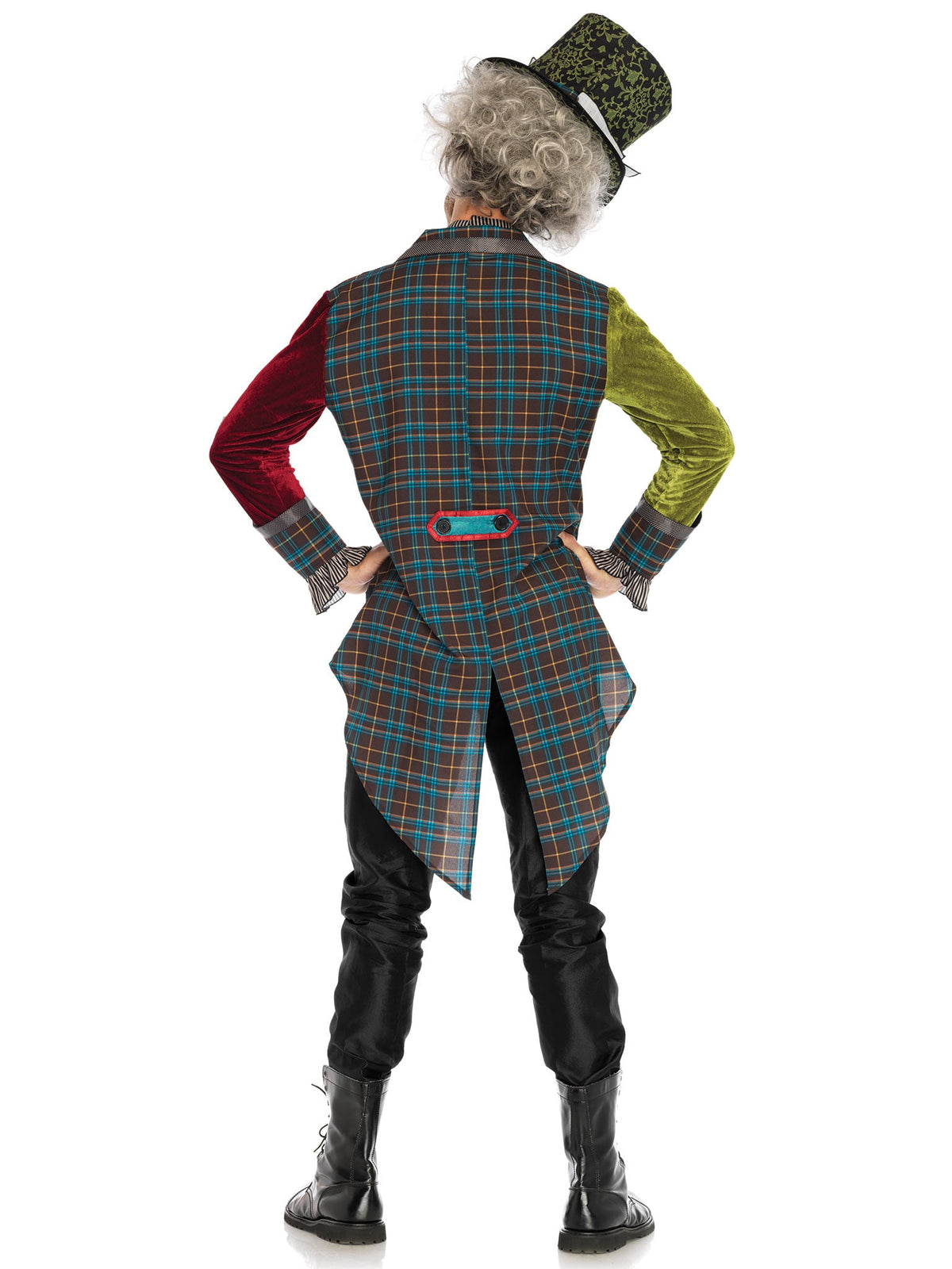 Men's 3 PC Deluxe Mad Hatter Costume, Includes Multi Print Jacket with Chain Detail and Velvet Sleeves, Neck Tie Dickie, and Top Hat with Playing Card Patch Accents