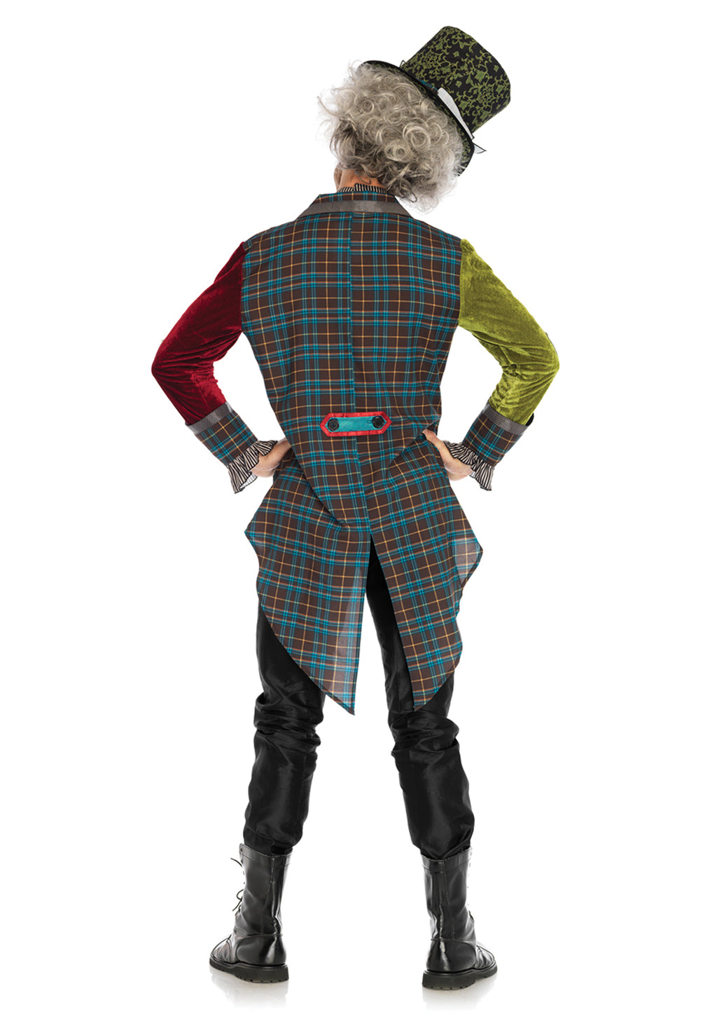 Men's 3 PC Deluxe Mad Hatter Costume, Includes Multi Print Jacket with Chain Detail and Velvet Sleeves, Neck Tie Dickie, and Top Hat with Playing Card Patch Accents