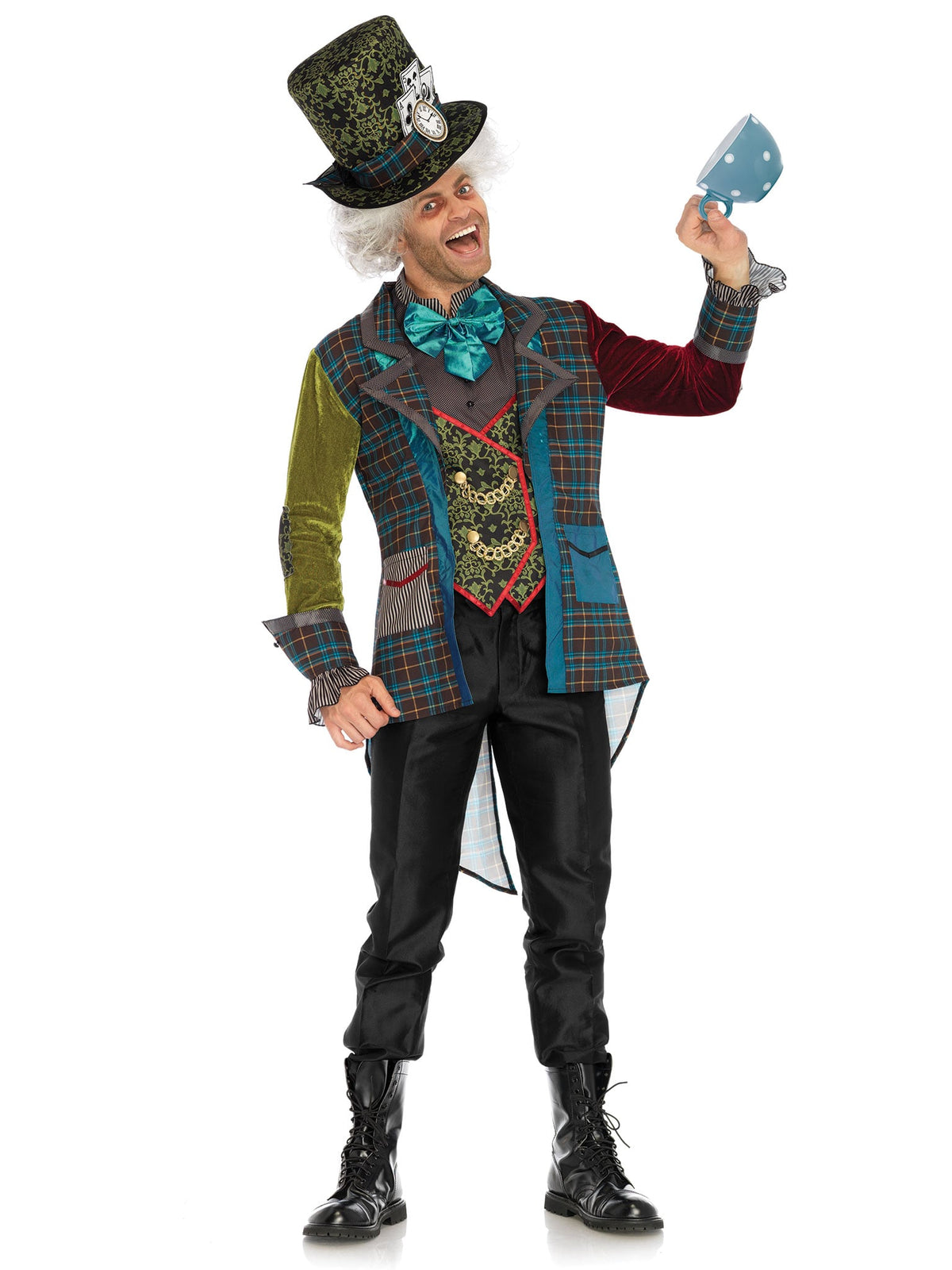 Men's 3 PC Deluxe Mad Hatter Costume, Includes Multi Print Jacket with Chain Detail and Velvet Sleeves, Neck Tie Dickie, and Top Hat with Playing Card Patch Accents
