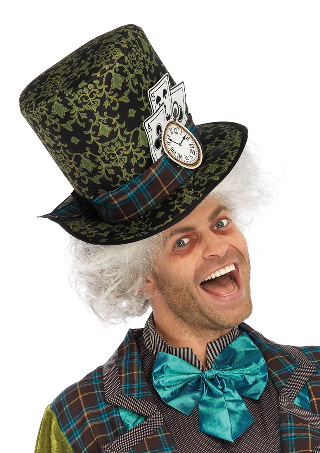 Men's 3 PC Deluxe Mad Hatter Costume, Includes Multi Print Jacket with Chain Detail and Velvet Sleeves, Neck Tie Dickie, and Top Hat with Playing Card Patch Accents