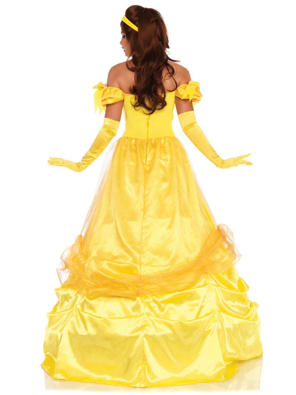 3 PC Bell of the Ball Costume, Includes Long Satin Ball Gown with Ruched Rosette Trimmed Skirt and Velvet Bow Accents, Head Piece, and Clear Straps