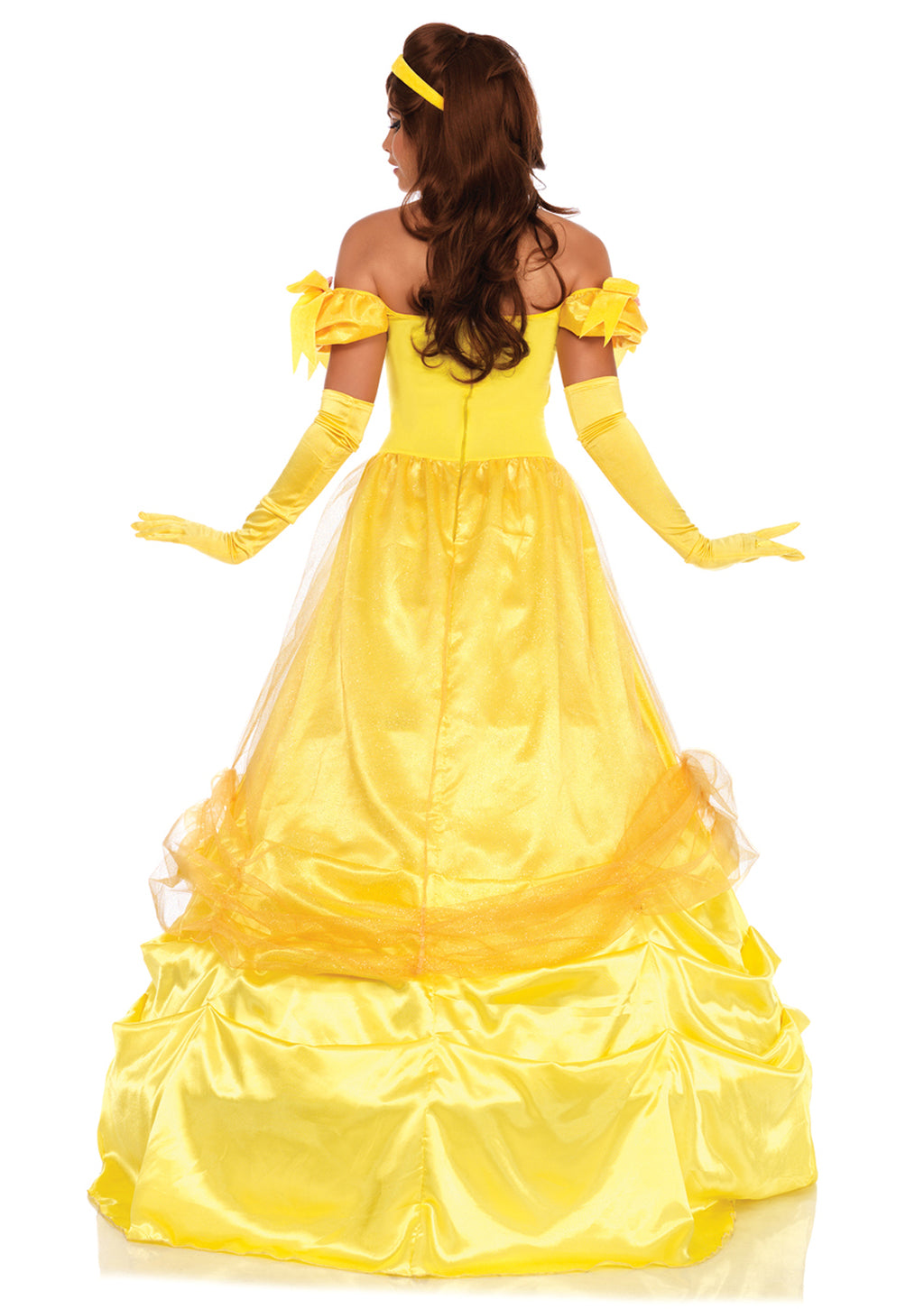 3 PC Bell of the Ball Costume, Includes Long Satin Ball Gown with Ruched Rosette Trimmed Skirt and Velvet Bow Accents, Head Piece, and Clear Straps