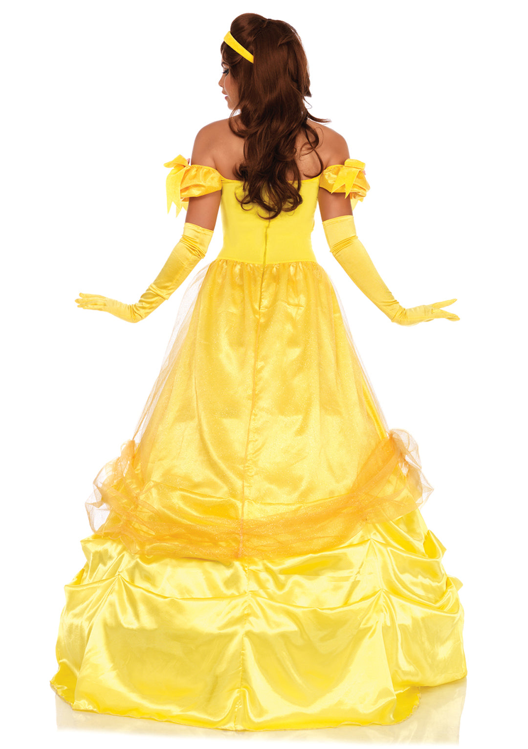 3 PC Bell of the Ball Costume, Includes Long Satin Ball Gown with Ruched Rosette Trimmed Skirt and Velvet Bow Accents, Head Piece, and Clear Straps