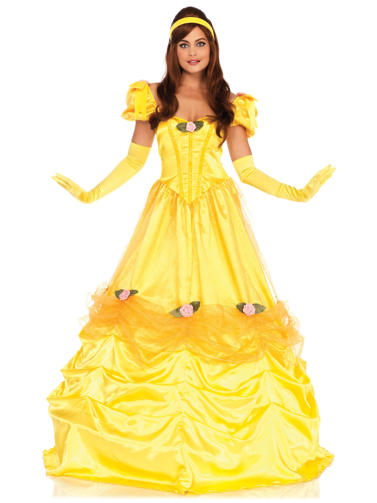 3 PC Bell of the Ball Costume, Includes Long Satin Ball Gown with Ruched Rosette Trimmed Skirt and Velvet Bow Accents, Head Piece, and Clear Straps