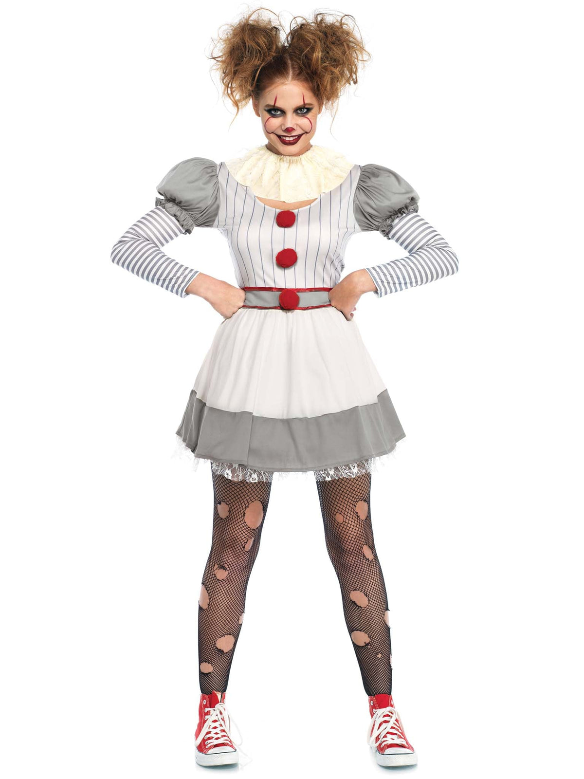 2 PC Creepy Clown Costume, Includes Striped Dress with Pom-Pom Accents and Lace Neck Piece