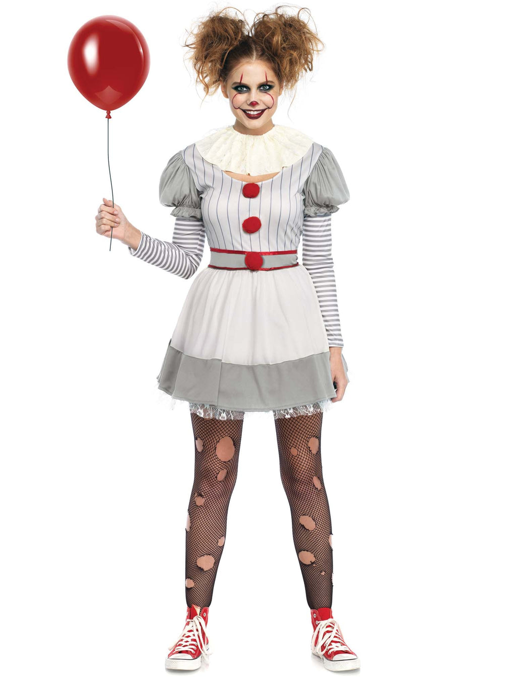 2 PC Creepy Clown Costume, Includes Striped Dress with Pom-Pom Accents and Lace Neck Piece