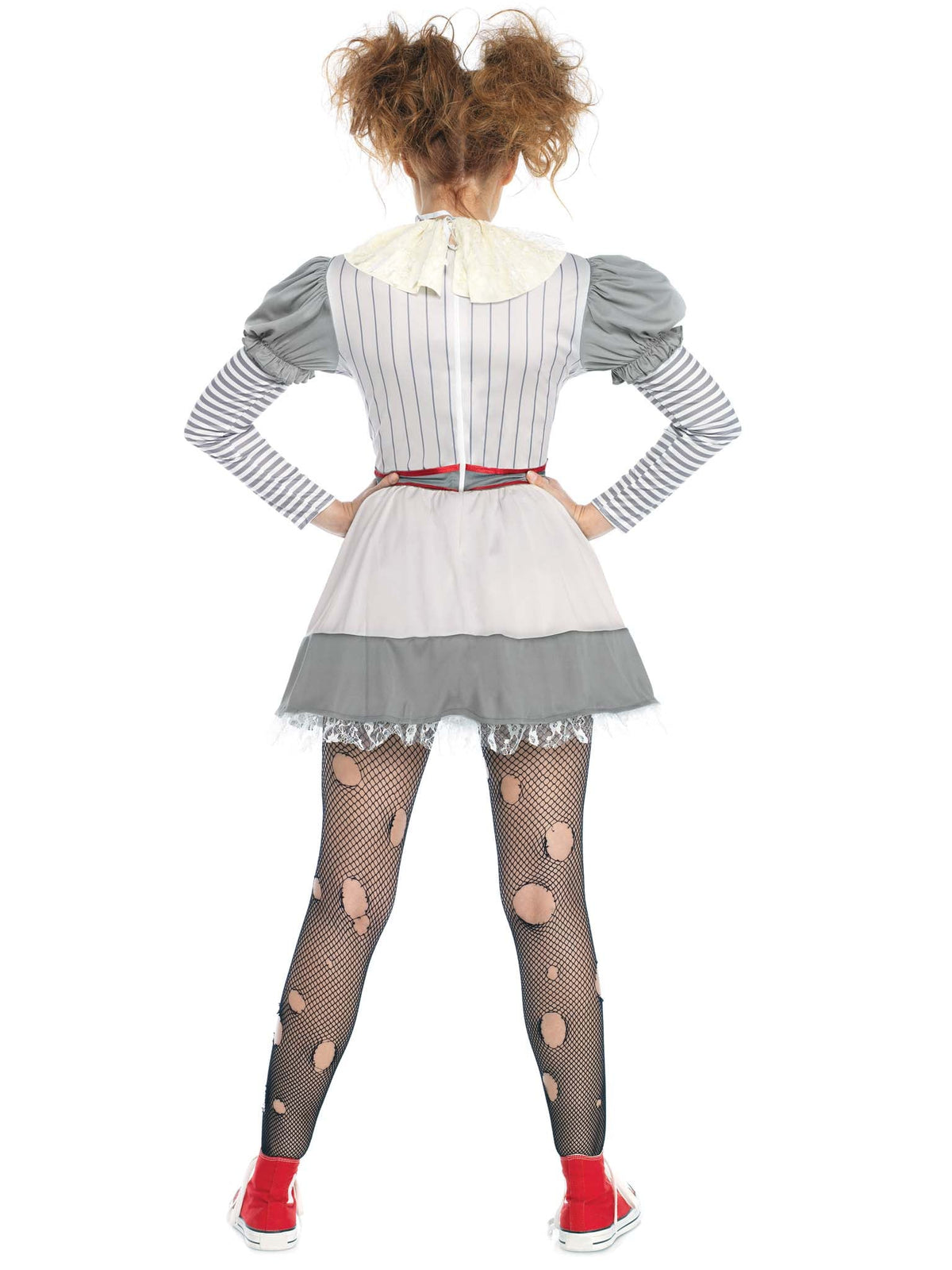 2 PC Creepy Clown Costume, Includes Striped Dress with Pom-Pom Accents and Lace Neck Piece