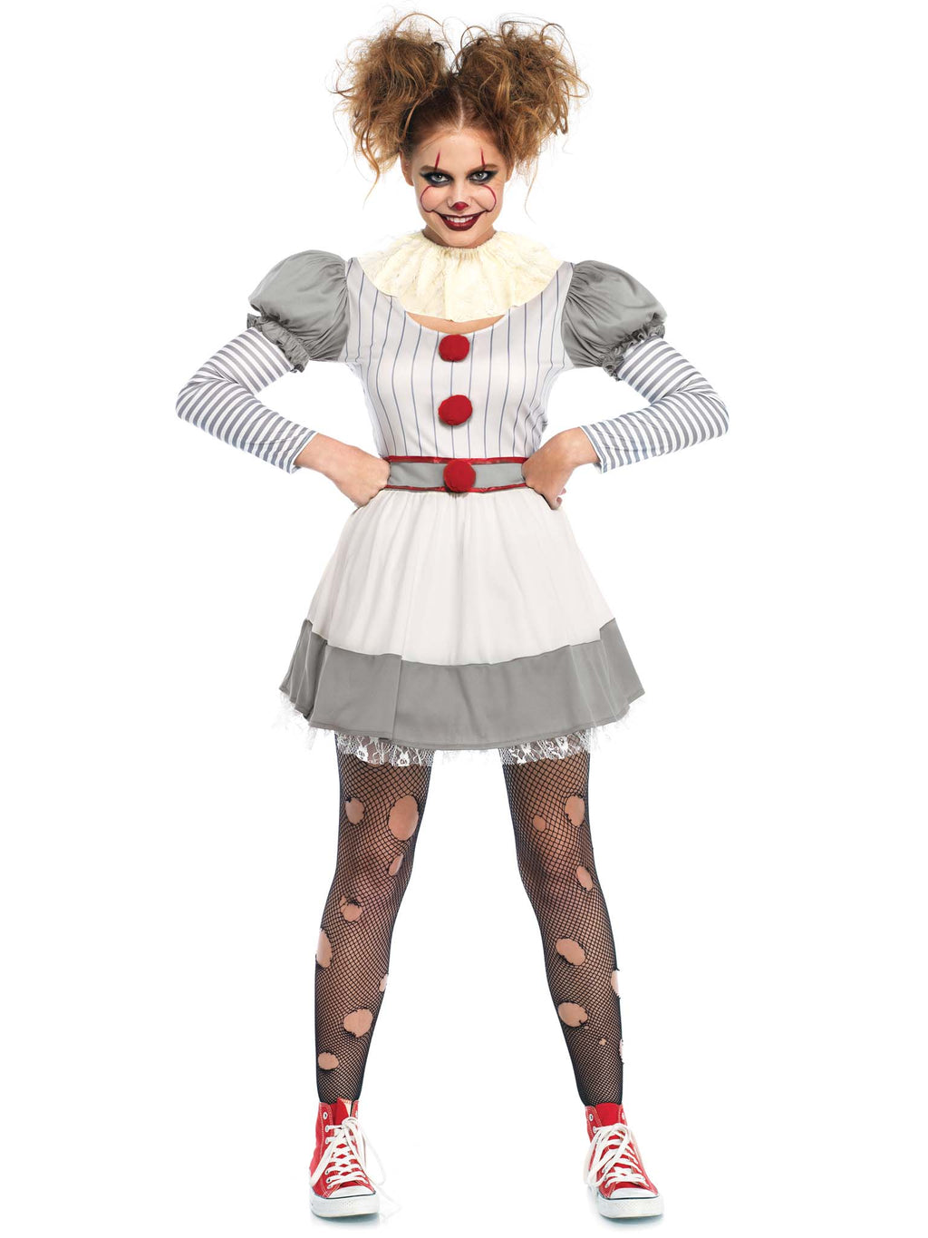 2 PC Creepy Clown Costume, Includes Striped Dress with Pom-Pom Accents and Lace Neck Piece