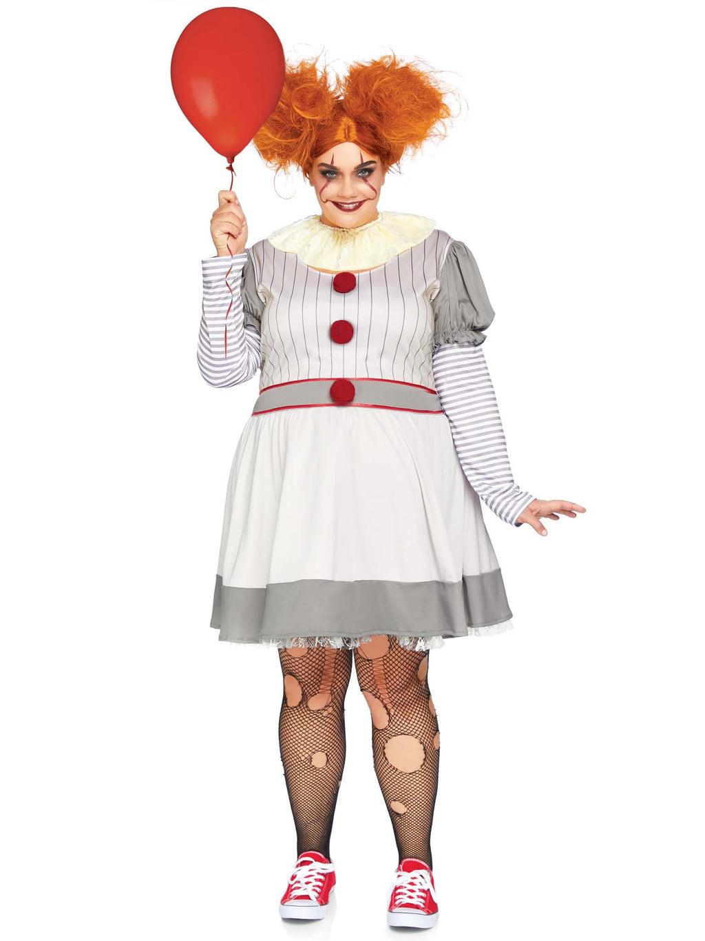 Plus Size 2 PC Creepy Clown Costume, Includes Striped Dress with Pom-Pom Accents and Lace Neck Piece