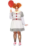 Plus Size 2 PC Creepy Clown Costume, Includes Striped Dress with Pom-Pom Accents and Lace Neck Piece