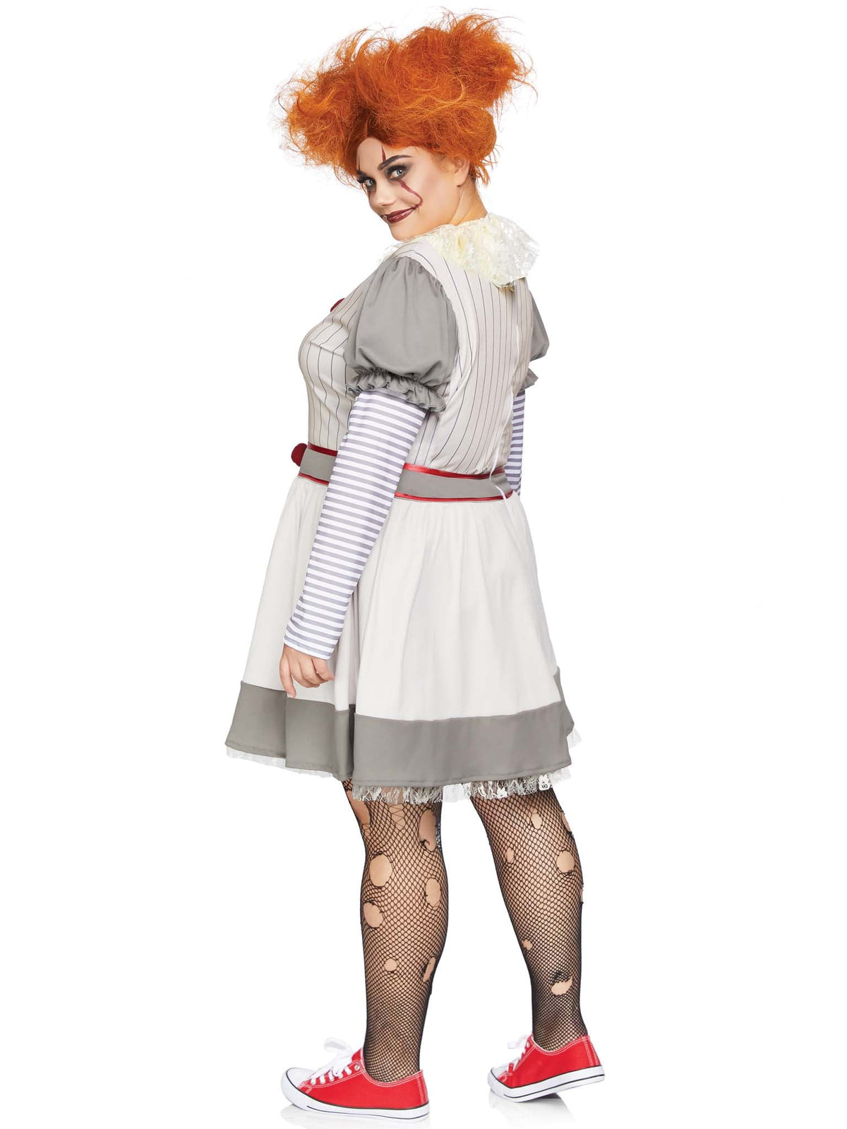 Plus Size 2 PC Creepy Clown Costume, Includes Striped Dress with Pom-Pom Accents and Lace Neck Piece
