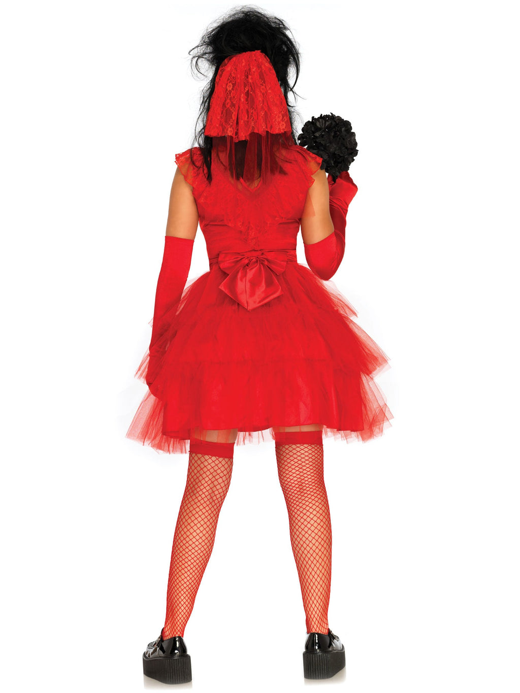 2 PC Beetle Bride Costume, Includes Satin And Lace Dress with Tiered Tulle Skirt, Attached Back Bow, and Matching Lace Veil