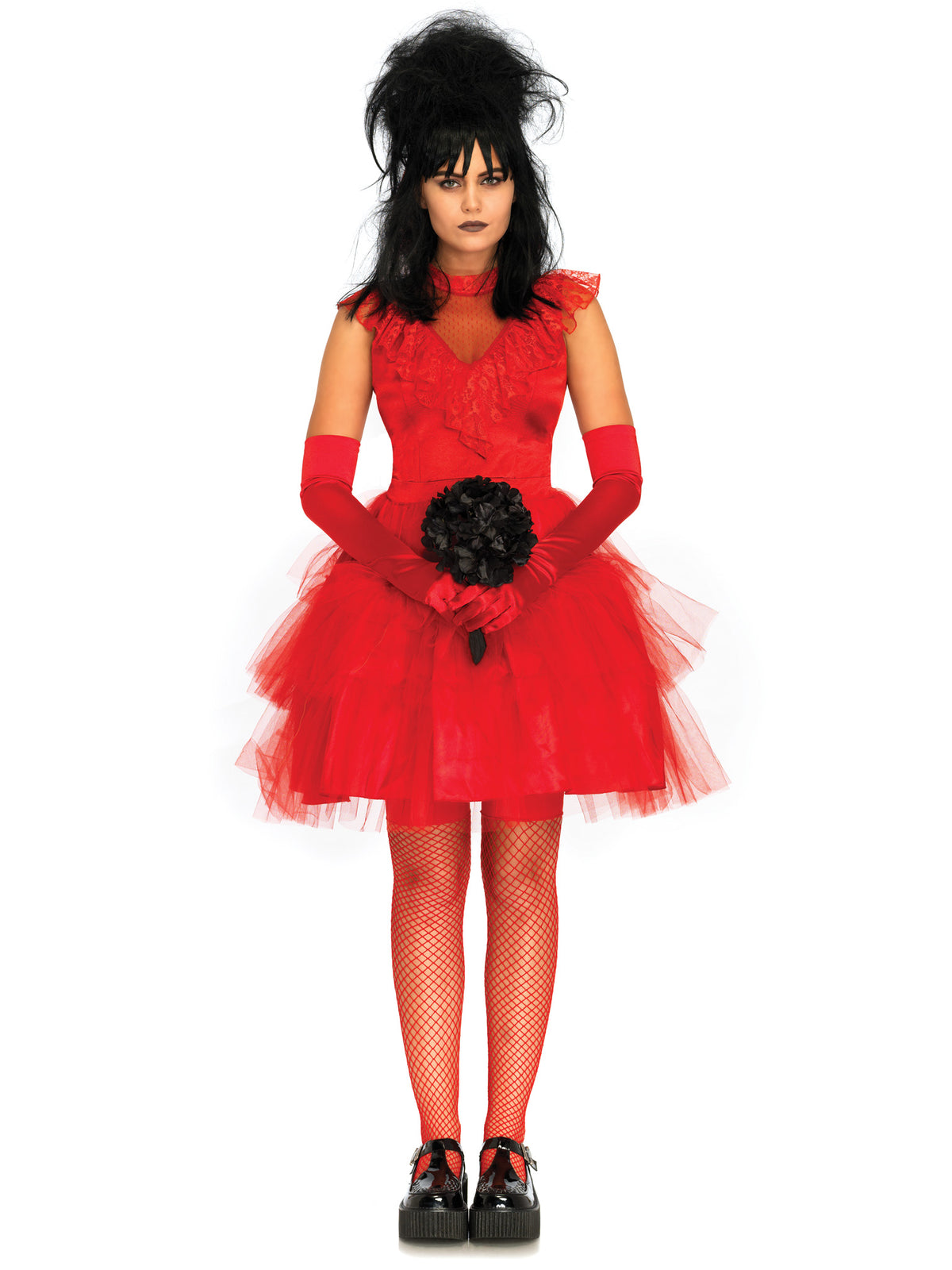 2 PC Beetle Bride Costume, Includes Satin And Lace Dress with Tiered Tulle Skirt, Attached Back Bow, and Matching Lace Veil