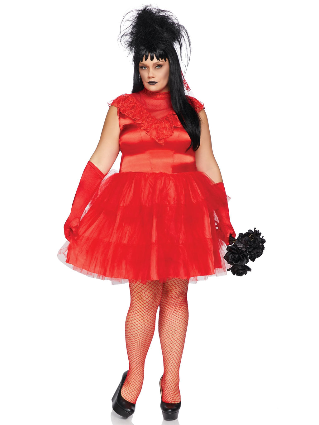 Plus Size 2 PC Beetle Bride Costume, Includes Satin And Lace Dress with Tiered Tulle Skirt, Attached Back Bow, and Matching Lace Veil