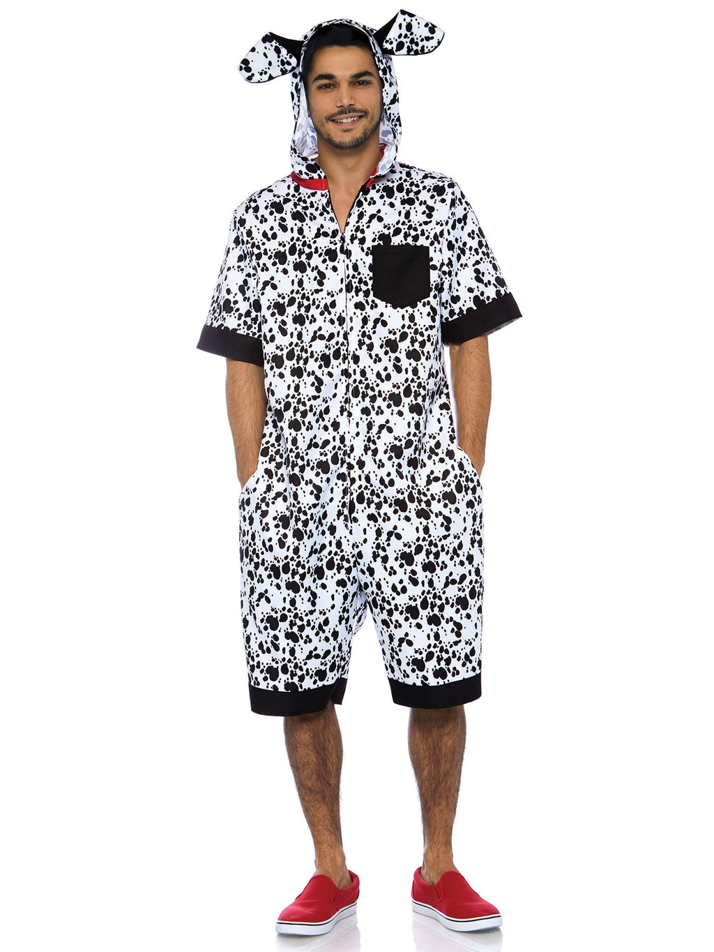 Men's 1 PC Dalmatian Dog Costume, Includes Fur Print Jumpsuit with Pockets, Double Sided Zipper, and Ear Hood