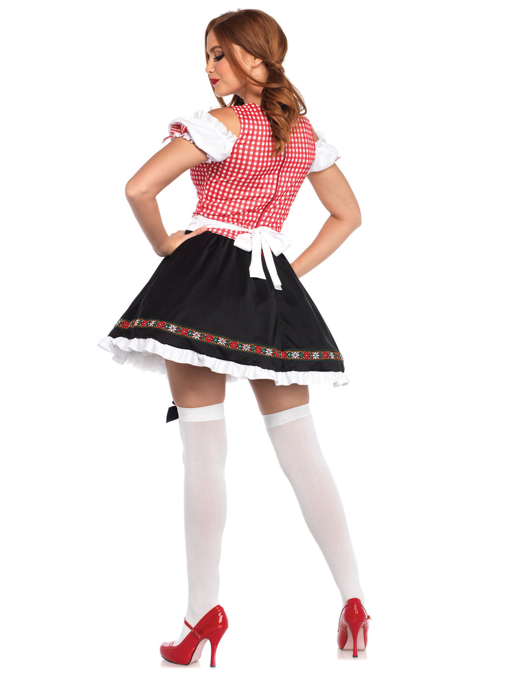 1 PC Beer Garden Babe Costume, Includes Gingham Peasant Dress with Lace Up Detail and Cold Shoulder Accent, Attached Apron, and Floral Ribbon Trim