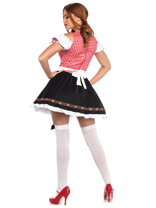 1 PC Beer Garden Babe Costume, Includes Gingham Peasant Dress with Lace Up Detail and Cold Shoulder Accent, Attached Apron, and Floral Ribbon Trim