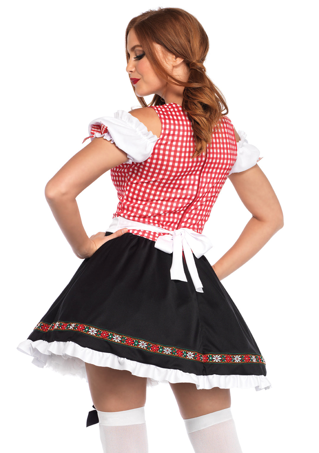 1 PC Beer Garden Babe Costume, Includes Gingham Peasant Dress with Lace Up Detail and Cold Shoulder Accent, Attached Apron, and Floral Ribbon Trim