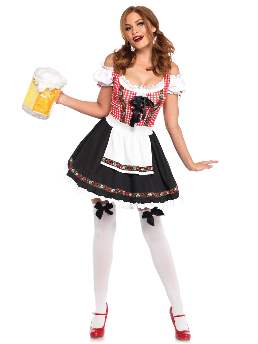 1 PC Beer Garden Babe Costume, Includes Gingham Peasant Dress with Lace Up Detail and Cold Shoulder Accent, Attached Apron, and Floral Ribbon Trim