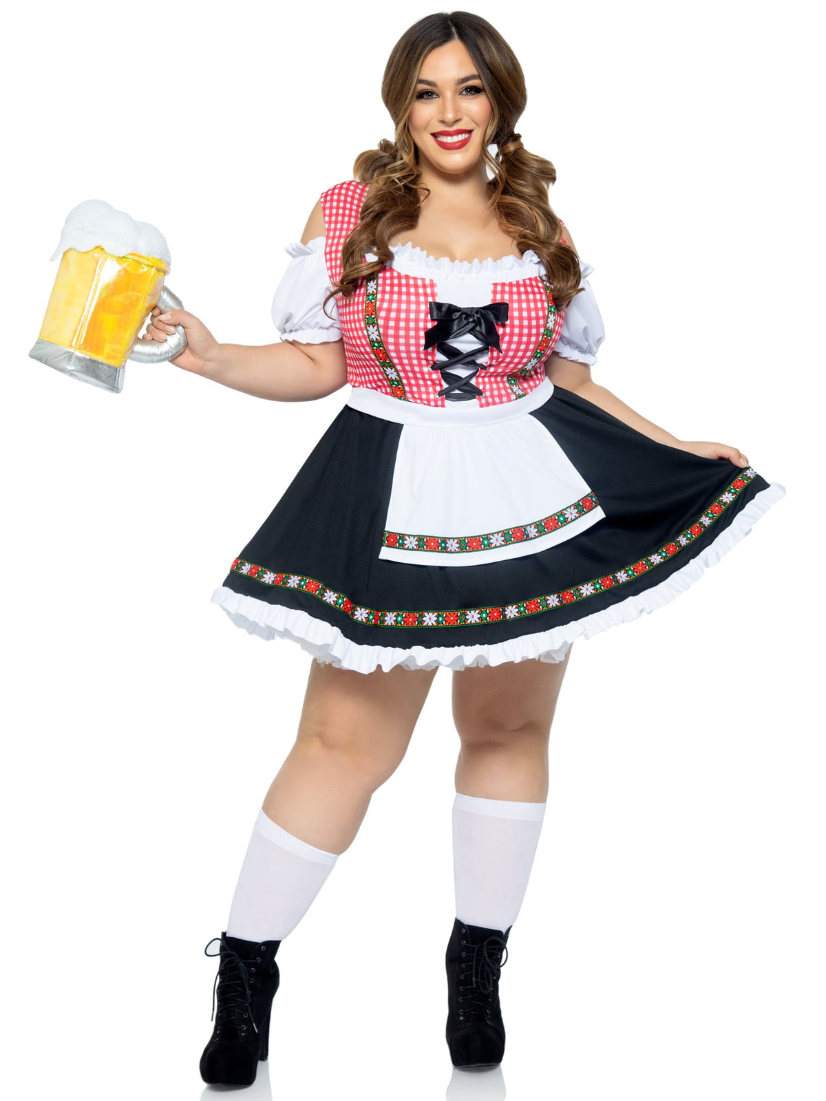 Plus Size 1 PC Beer Garden Babe Costume, Includes Gingham Peasant Dress with Lace Up Detail and Cold Shoulder Accent, Attached Apron, and Floral Ribbon Trim