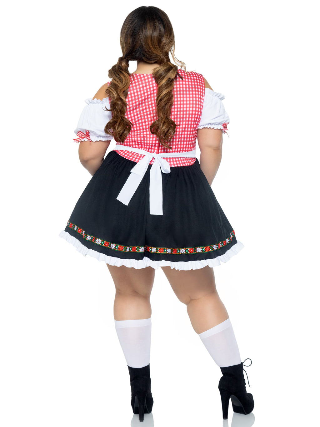 Plus Size 1 PC Beer Garden Babe Costume, Includes Gingham Peasant Dress with Lace Up Detail and Cold Shoulder Accent, Attached Apron, and Floral Ribbon Trim