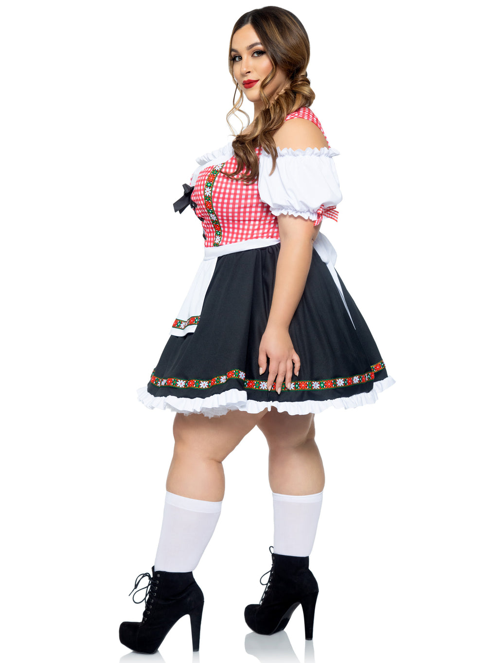 Plus Size 1 PC Beer Garden Babe Costume, Includes Gingham Peasant Dress with Lace Up Detail and Cold Shoulder Accent, Attached Apron, and Floral Ribbon Trim