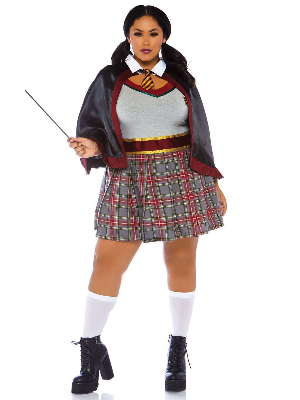 Plus Size 2 PC Spellbinding School Girl Costume, Includes Dress with Badge Accents and Cape With Attached Tie