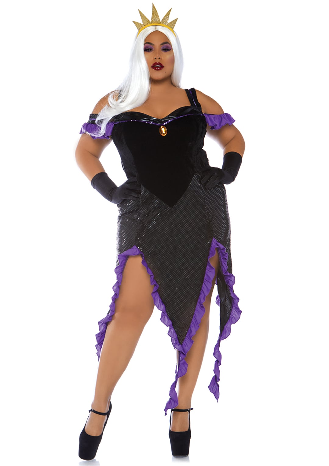 Plus Size 2 PC Sultry Sea Witch Costume, Includes Velvet Dress with Shimmer Tentacle Skirt and Crown Headband