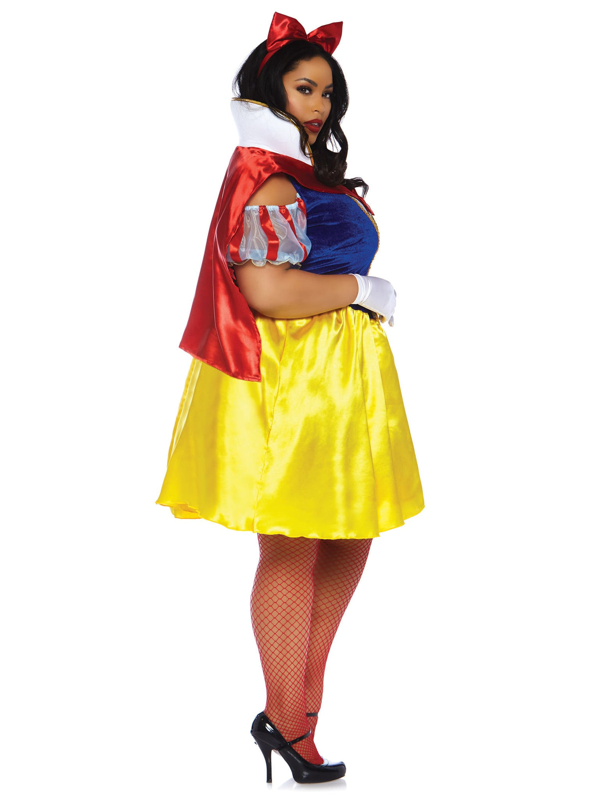 Plus Size 2 PC Fairytale Snow White Costume, Includes Cold Shoulder Velvet and Satin Dress with Attached Cape and Bow Headband