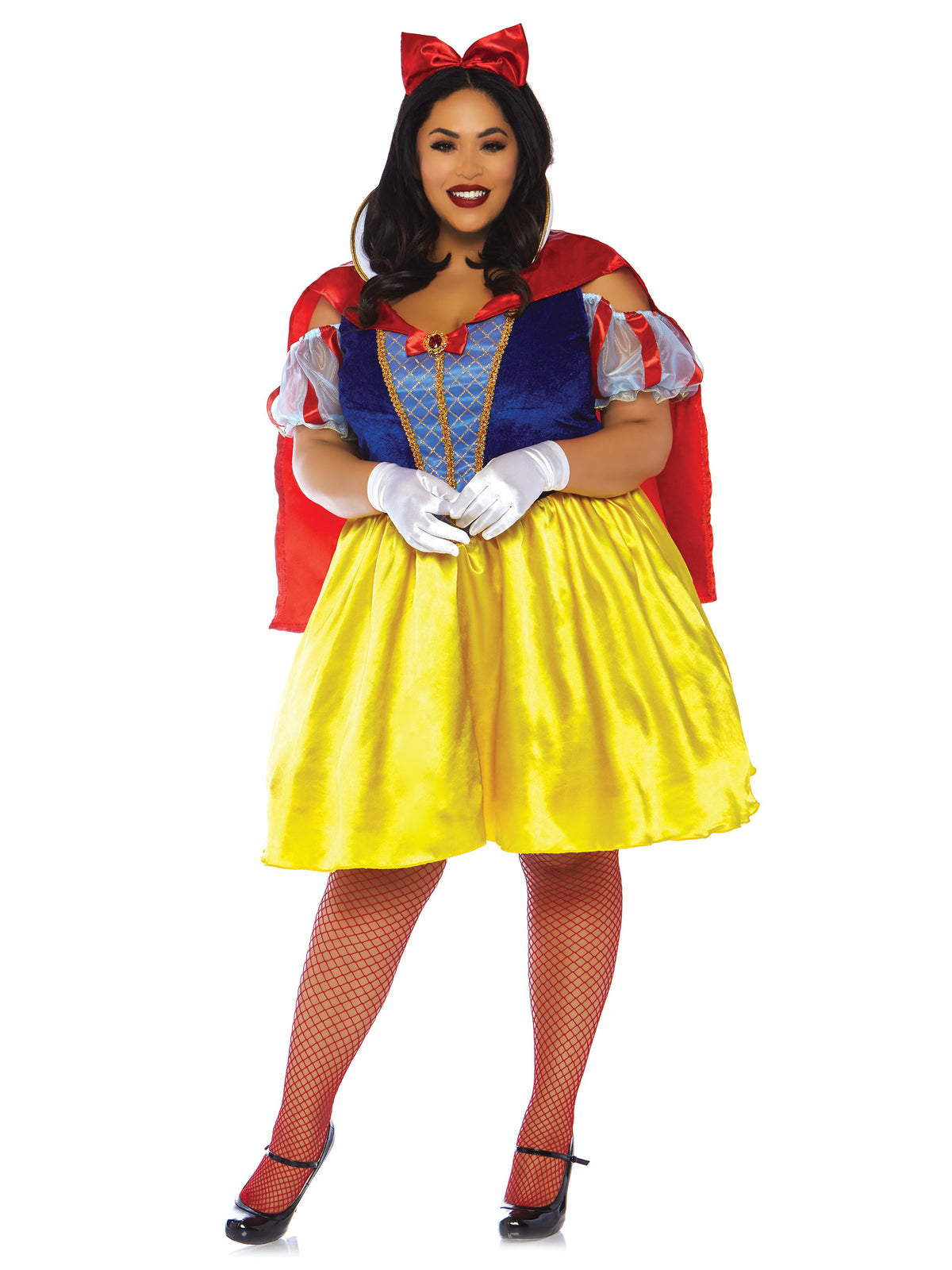 Plus Size 2 PC Fairytale Snow White Costume, Includes Cold Shoulder Velvet and Satin Dress with Attached Cape and Bow Headband