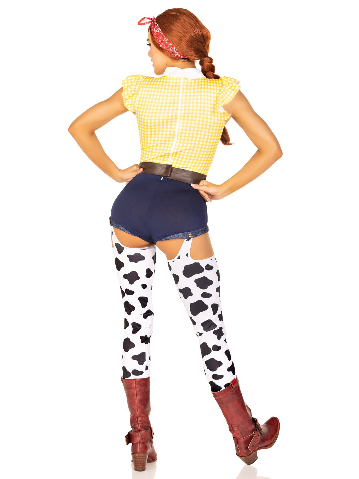 3 PC Giddy Up Cowgirl Costume, Includes Western Romper With Attached Cow Print Leggings, Belt, and Bandana