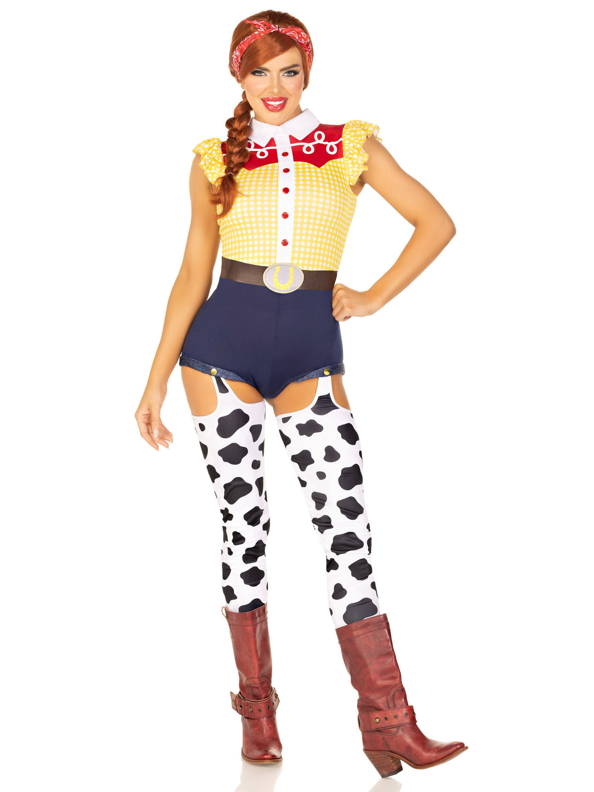 3 PC Giddy Up Cowgirl Costume, Includes Western Romper With Attached Cow Print Leggings, Belt, and Bandana