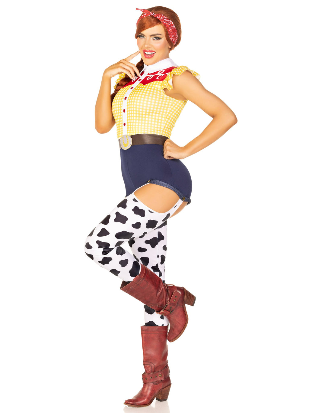 3 PC Giddy Up Cowgirl Costume, Includes Western Romper With Attached Cow Print Leggings, Belt, and Bandana