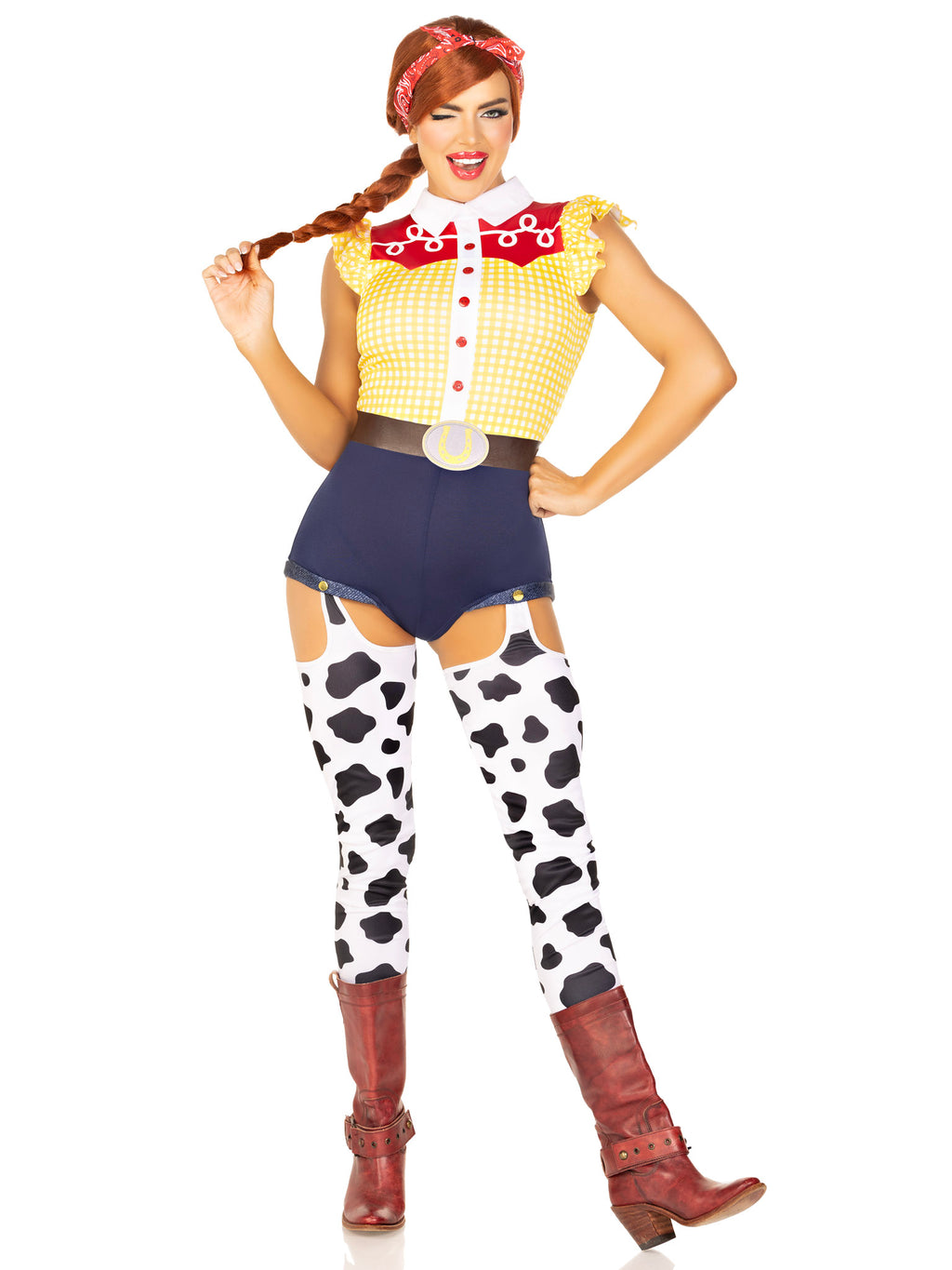 3 PC Giddy Up Cowgirl Costume, Includes Western Romper With Attached Cow Print Leggings, Belt, and Bandana