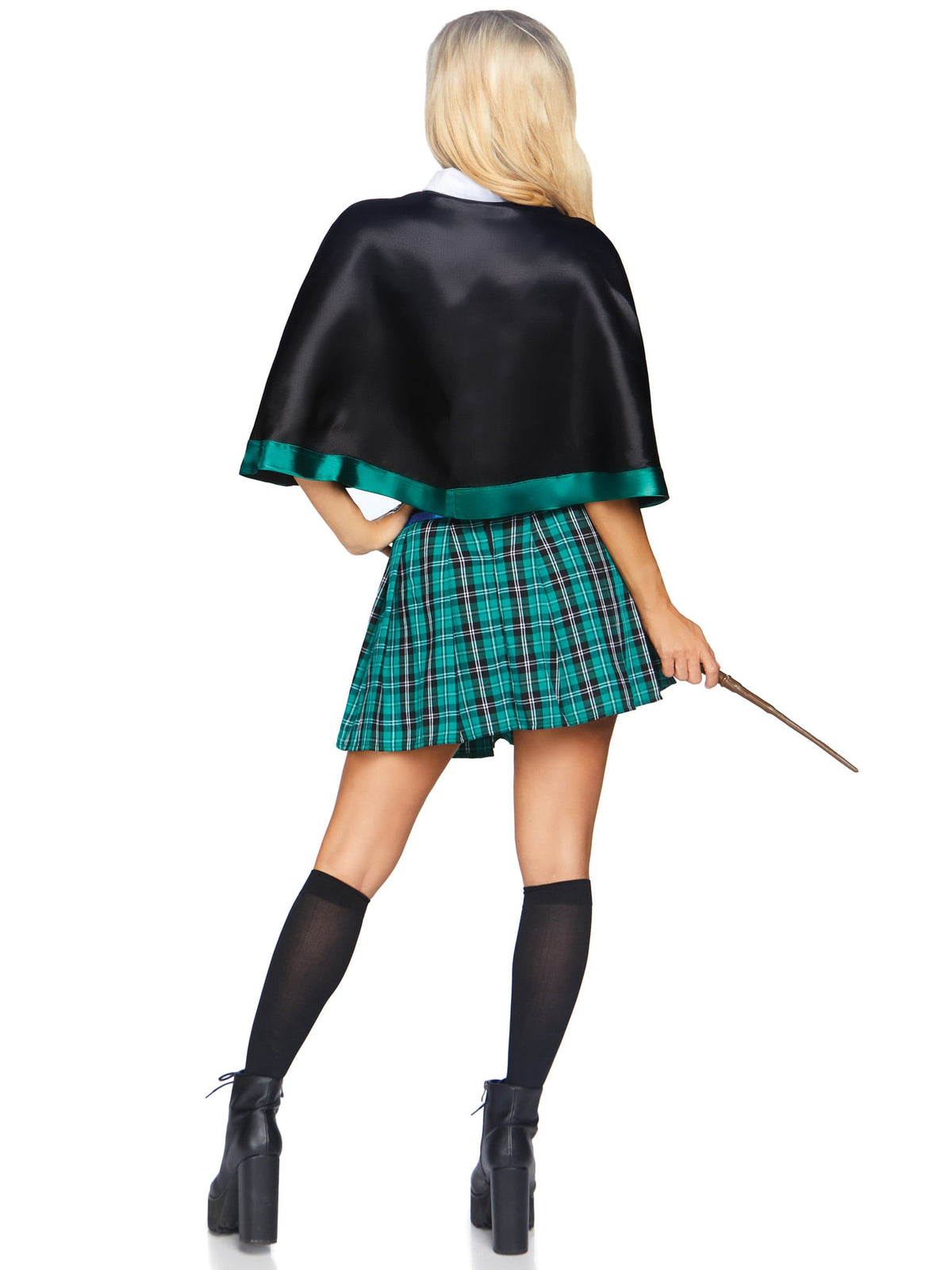 3 PC Sinister Spellcaster Costume, Includes Crop Top with Badge Accent, High Waist Plaid Skirt, and Cape with Attached Tie