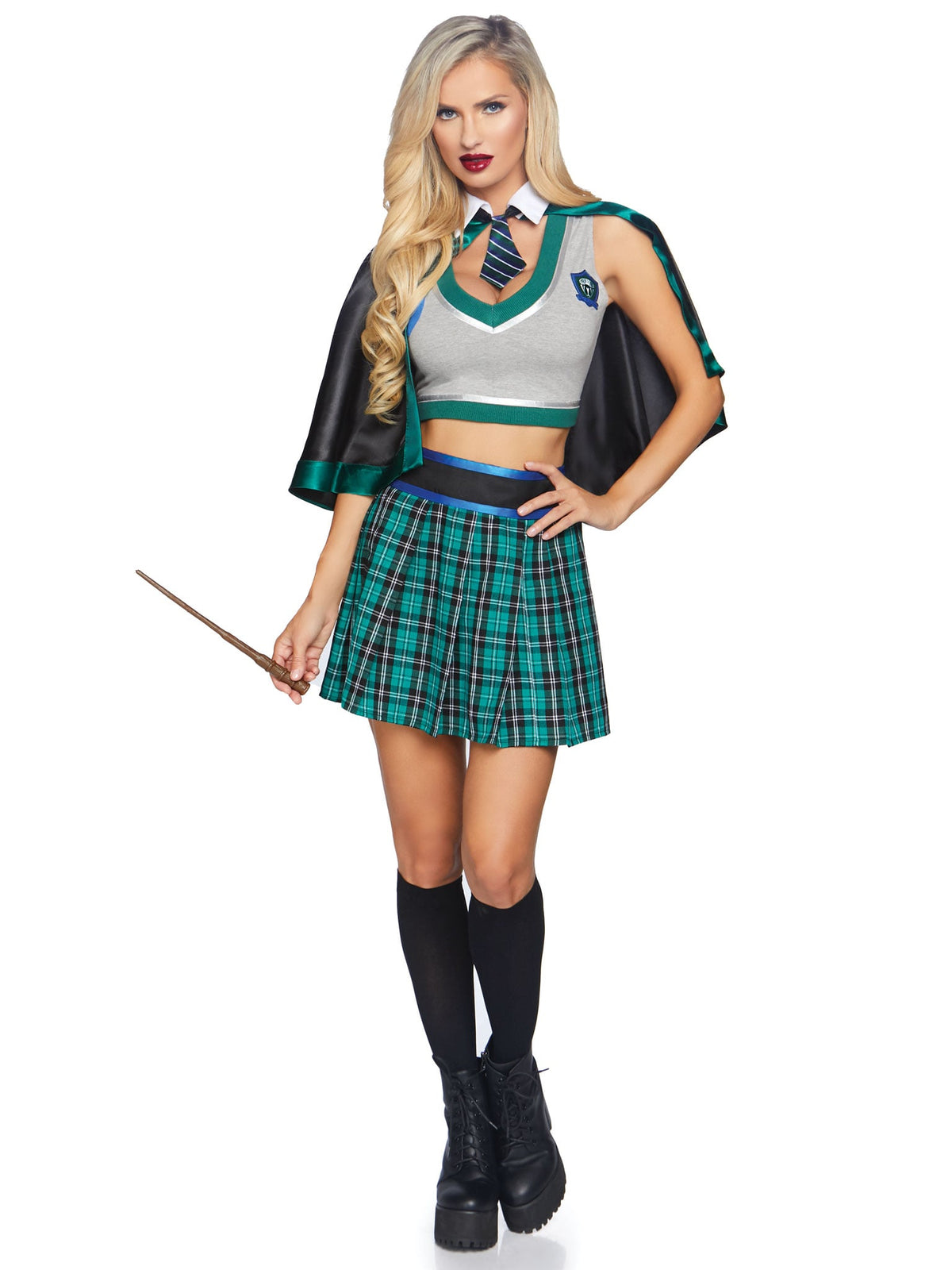 3 PC Sinister Spellcaster Costume, Includes Crop Top with Badge Accent, High Waist Plaid Skirt, and Cape with Attached Tie