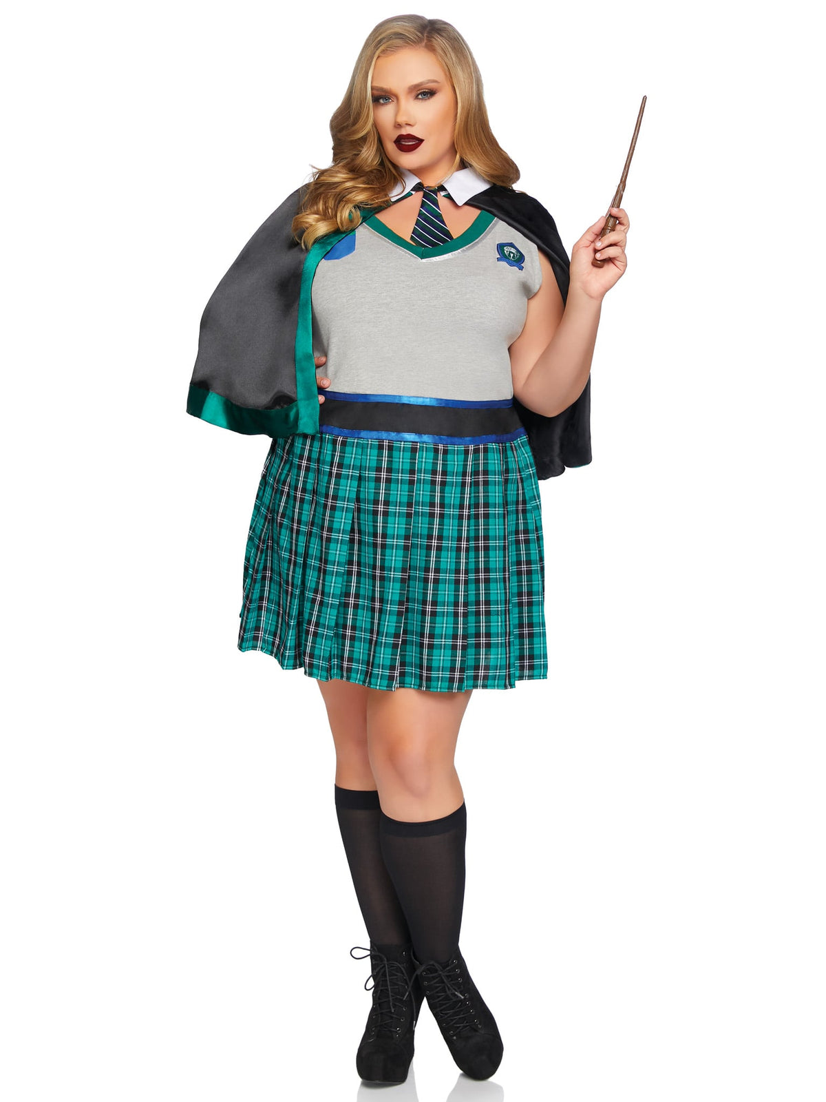 Plus Size 2 PC Sinister Spellcaster Costume, Includes Dress with Badge Accents and Cape with Attached Tie