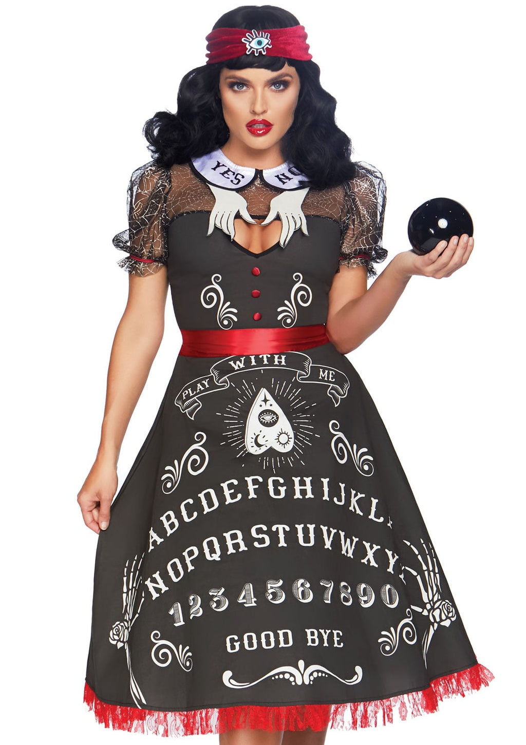 2 PC Spooky Board Beauty Costume, Includes Deluxe Cotton Swing Dress with Elaborate Printed Board Detail and Hand Collar Detail, Ribbon Tie Back, and All Seeing Eye Headband