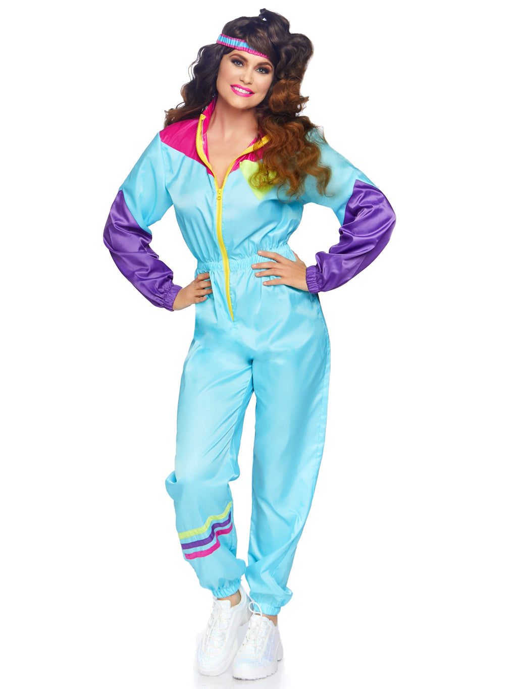 2 PC Awesome 80s Track Suit Costume, Includes Zip-Up Jumpsuit and Matching Headband