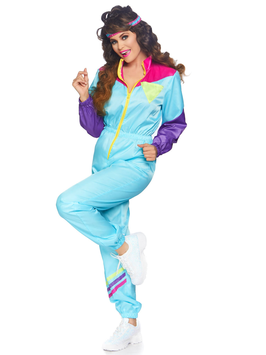 2 PC Awesome 80s Track Suit Costume, Includes Zip-Up Jumpsuit and Matching Headband