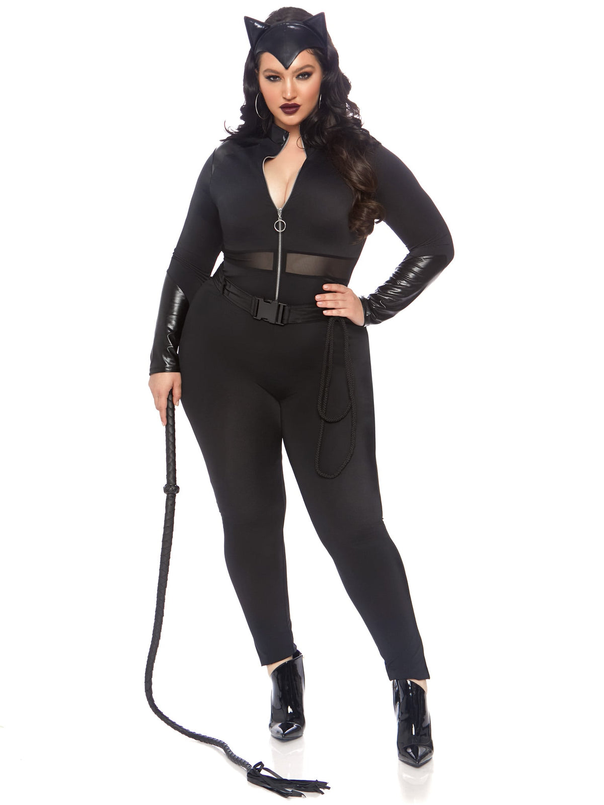 Plus Size 3 PC Sultry Supervillain Costume, Includes Zipper Front Cat Suit with Mesh Panel Accent, Utility Belt with Rope, and Cat Ear Headband