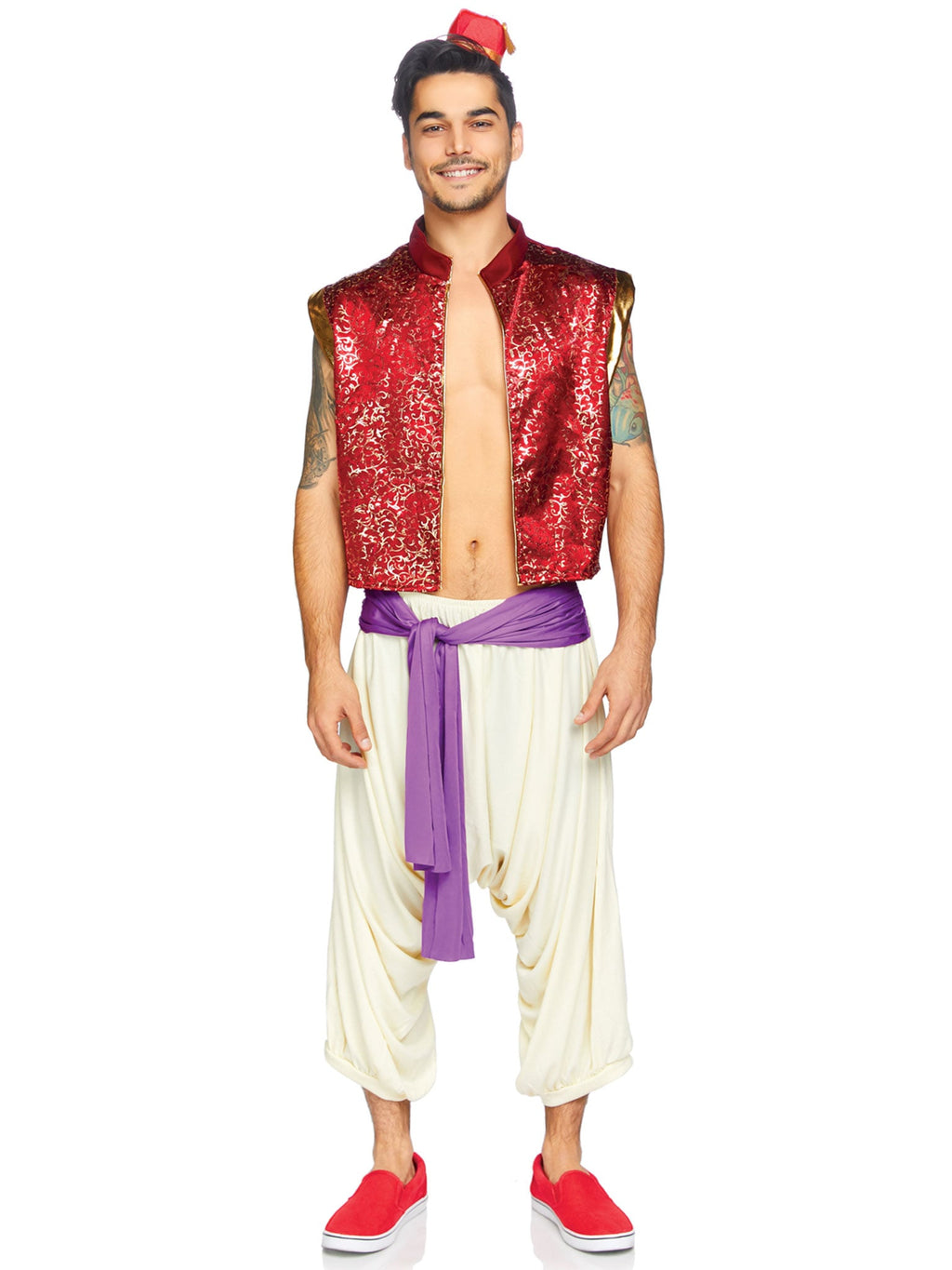 Men's 3 PC Desert Prince Costume, Includes Ornate Vest, Harem Pants with Attached Sash, and Fez Hat