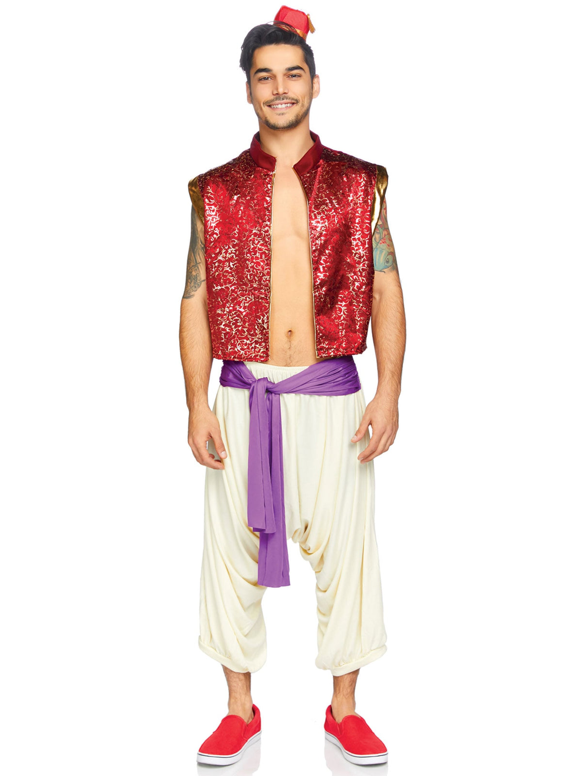Men's 3 PC Desert Prince Costume, Includes Ornate Vest, Harem Pants with Attached Sash, and Fez Hat