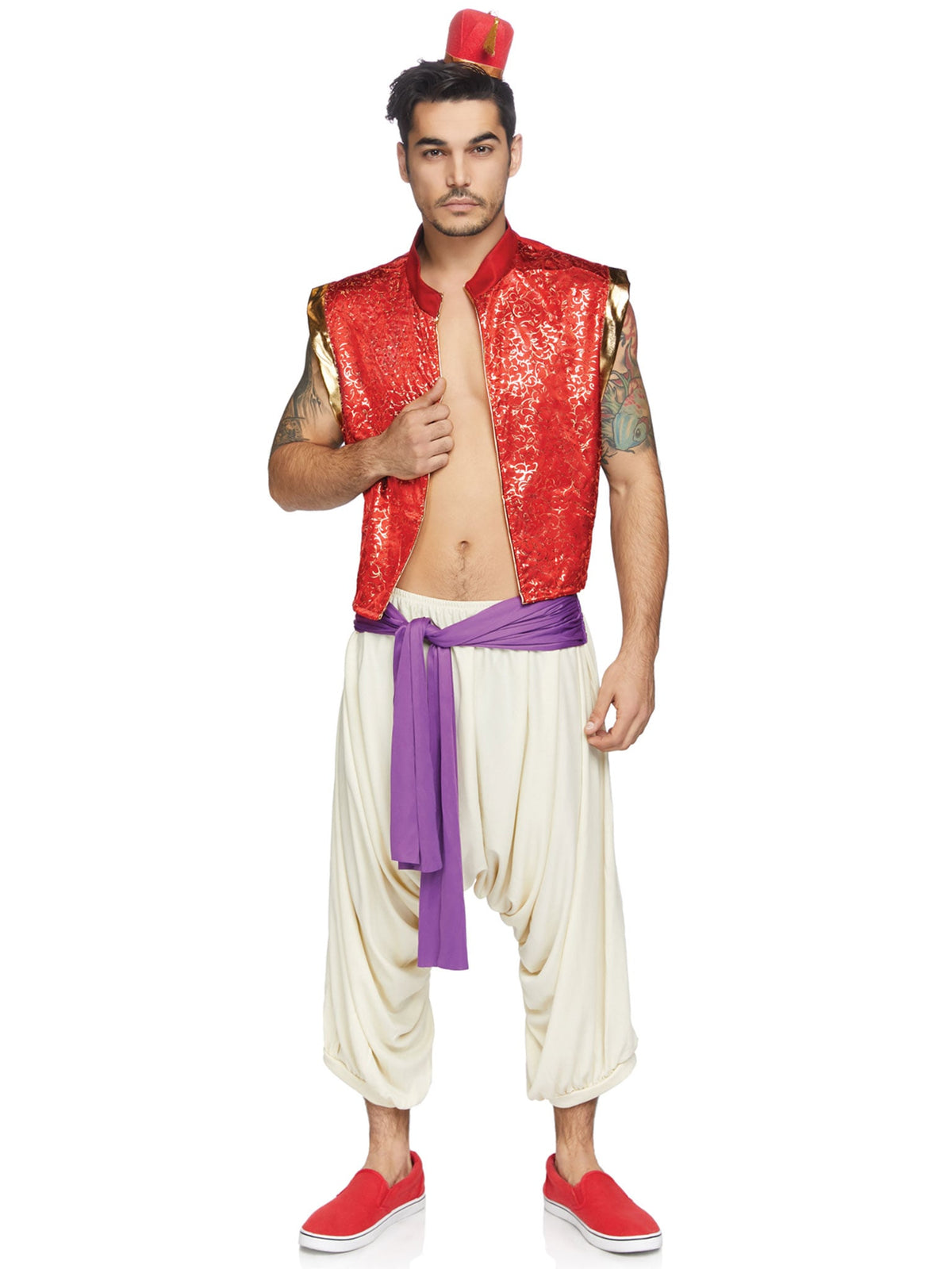 Men's 3 PC Desert Prince Costume, Includes Ornate Vest, Harem Pants with Attached Sash, and Fez Hat