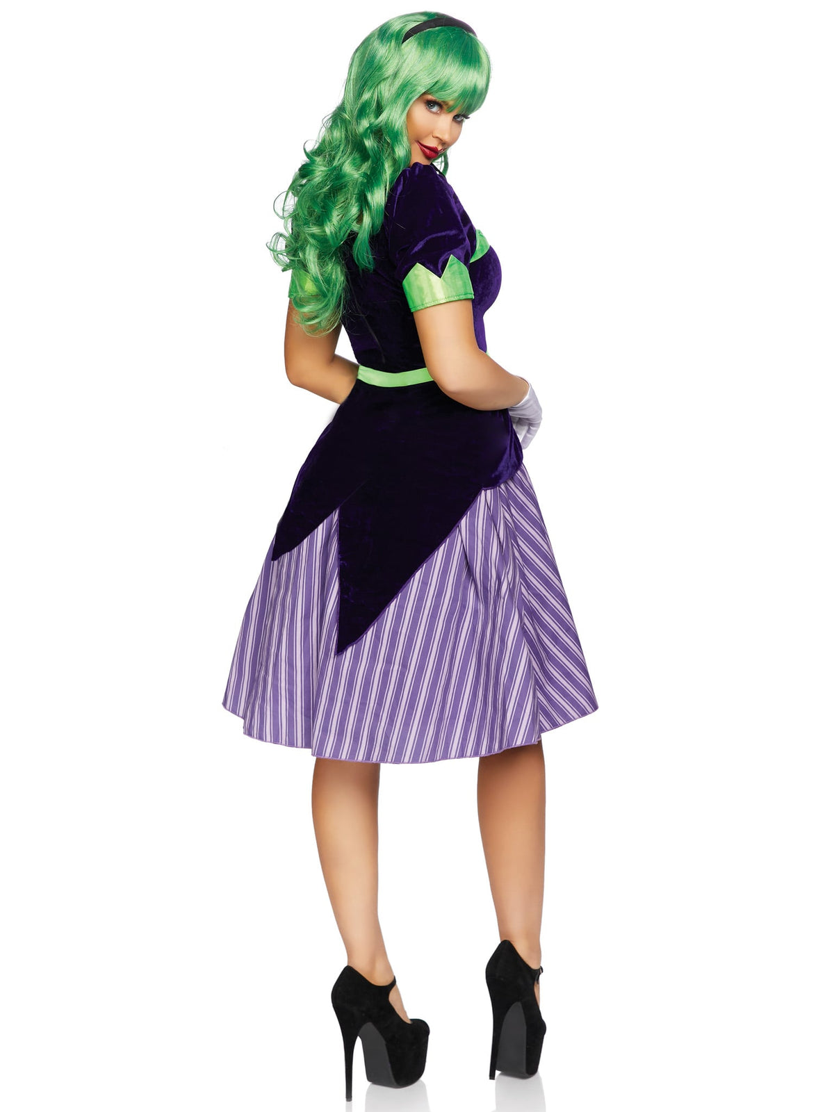 2 PC Comic Book Baddie Costume, Includes Velvet Coat Dress with Striped Skirt and Lapel Flower, Attached Ribbon Sash, and Ribbon Neck Tie